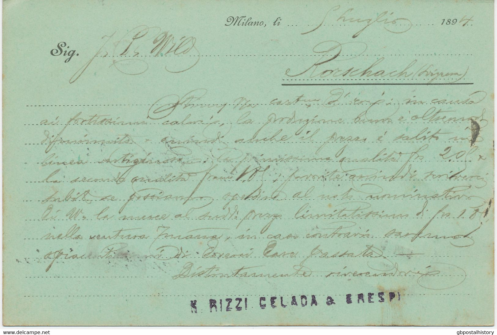 ITALIEN 1894 König Umberto I 10 C. Karmin Herrlicher Firmenzier-Postkarte MILANO - Reclame