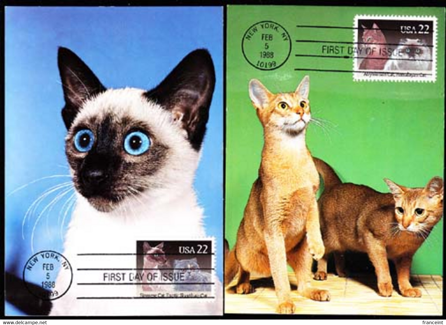 U.S.A. (1988) Various Cats. Set Of 4 Maximum Cards With Thematic Cancel. Scott Nos 2372-5, Yvert Nos 1800-3. - Cartes-Maximum (CM)