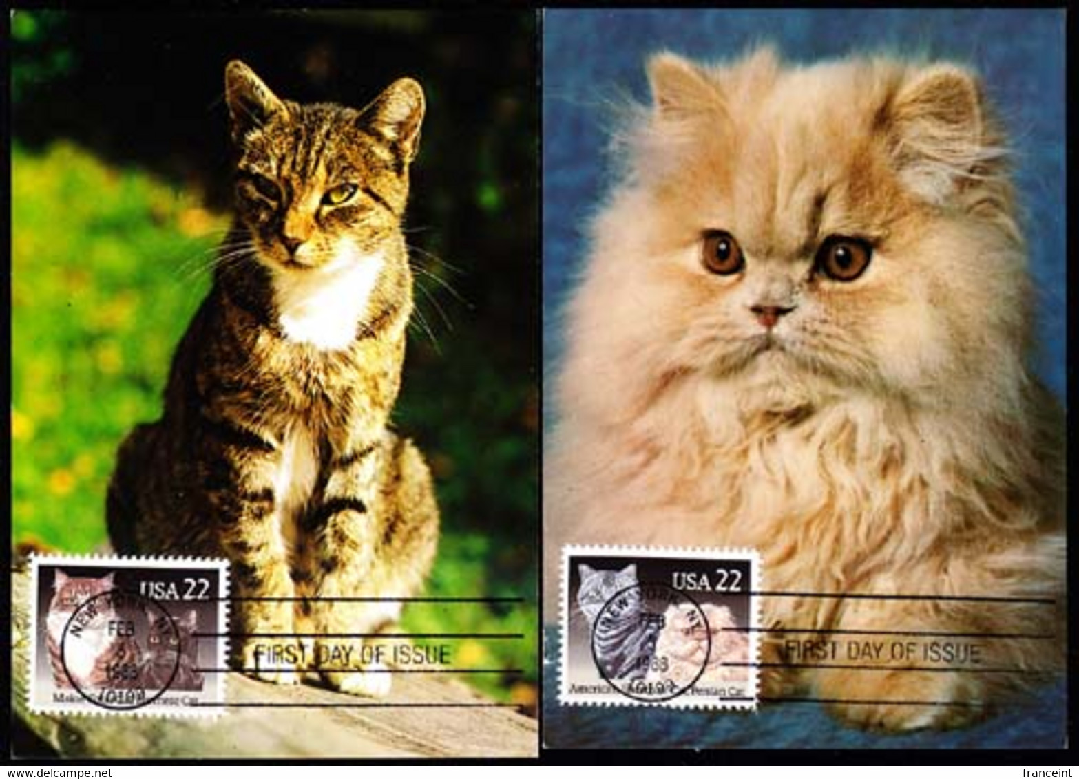 U.S.A. (1988) Various Cats. Set Of 4 Maximum Cards With Thematic Cancel. Scott Nos 2372-5, Yvert Nos 1800-3. - Cartes-Maximum (CM)