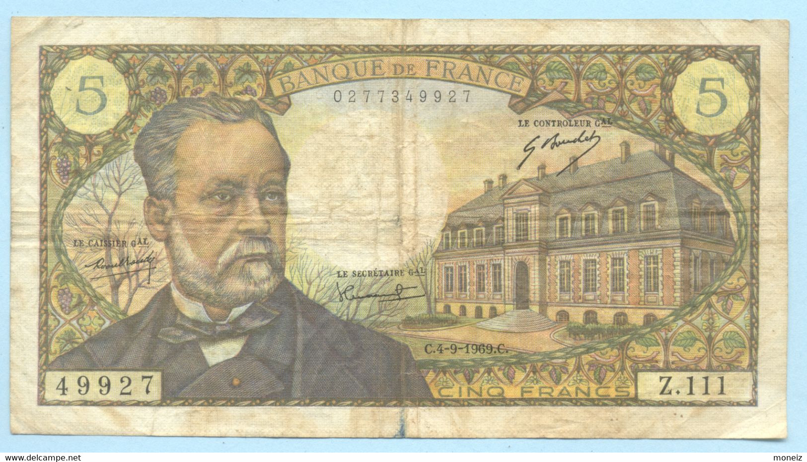 BILLET 5 FRANCS  PASTEUR 1969   4/09/69   SERIE Z111 - 5 F 1966-1970 ''Pasteur''