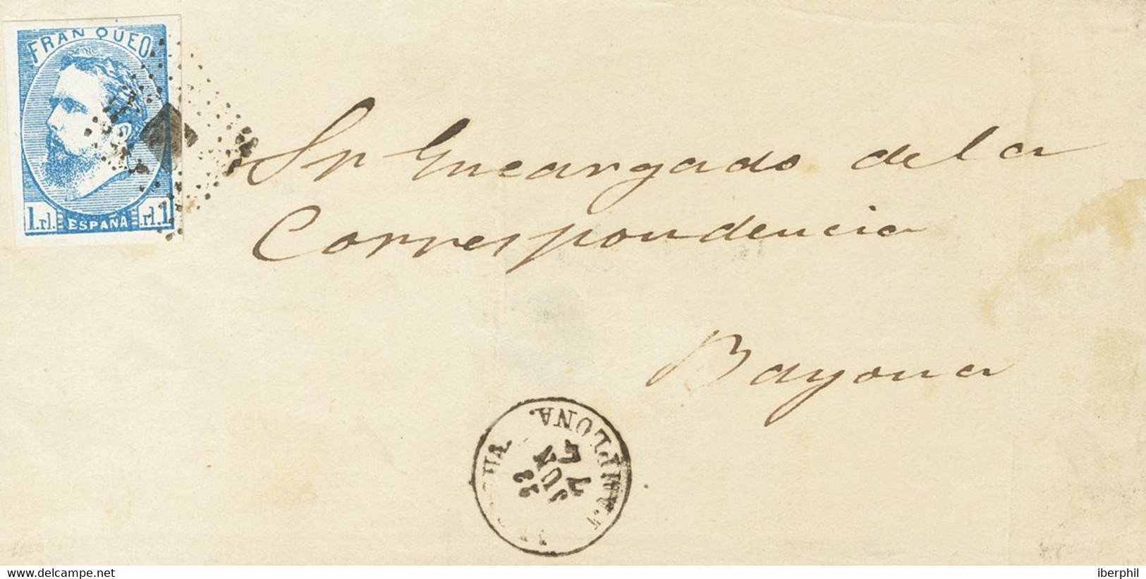 Sobre 156. 1874. 1 Real Azul. ALSASUA A BAYONA (FRANCIA). Matasello ROMBO DE PUNTOS (muy Nítido) Y En El Frente Fechador - Other & Unclassified