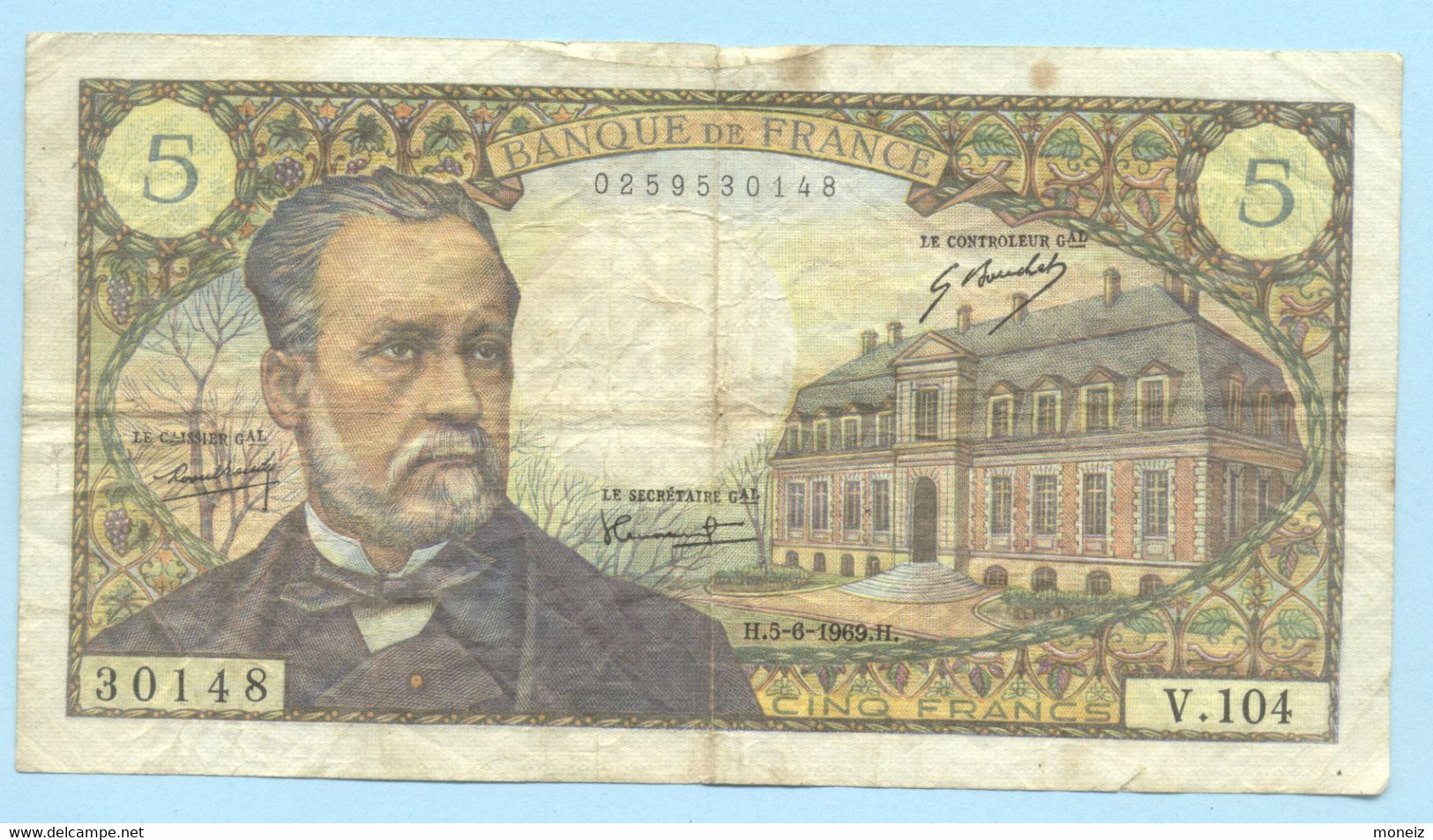 BILLET 5 FRANCS  PASTEUR 1969   05/06/69   SERIE V104 - 5 F 1966-1970 ''Pasteur''