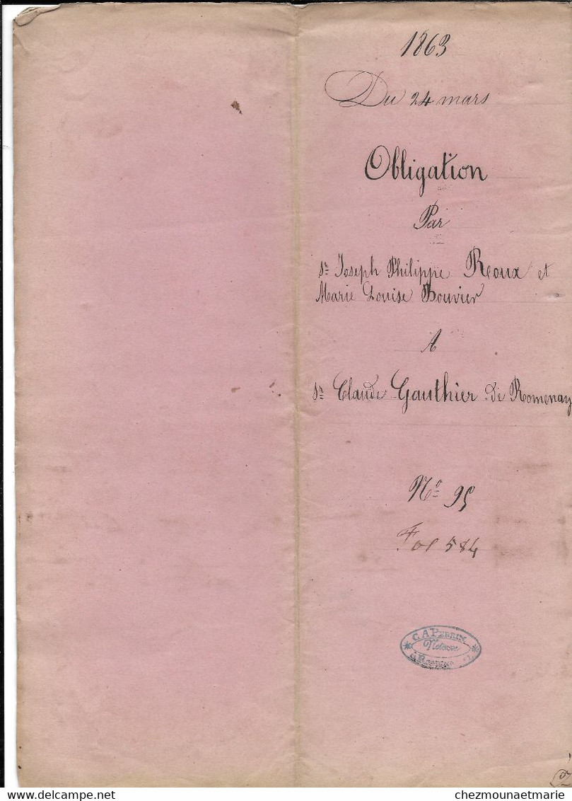 1863 ROMENAY (71) - OBLIGATION J. ROUX ET M. BOUVIER (LA BROSSE) A C. GAUTHIER (SOLDAT EN CONGE) - DOCUMENT 4 PAGES - Documents Historiques