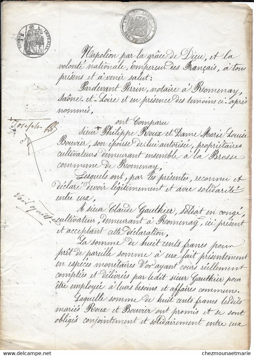 1863 ROMENAY (71) - OBLIGATION J. ROUX ET M. BOUVIER (LA BROSSE) A C. GAUTHIER (SOLDAT EN CONGE) - DOCUMENT 4 PAGES - Documents Historiques