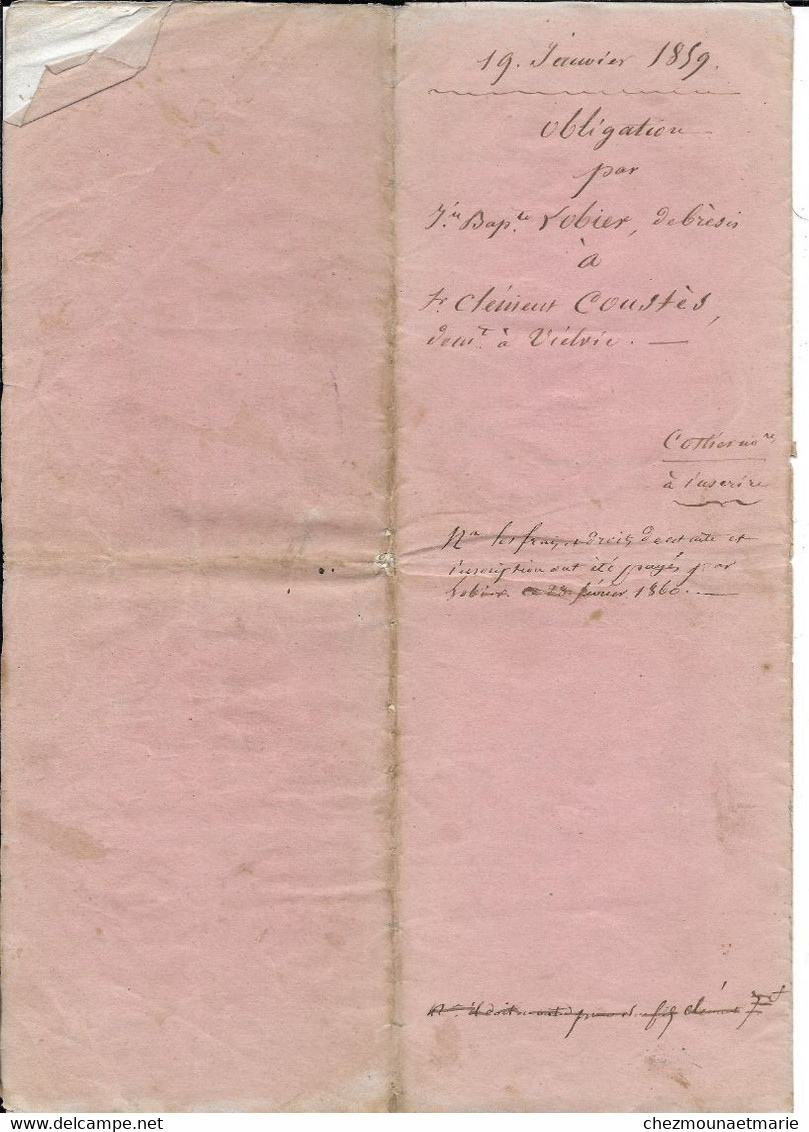 1859 PONTEILS - OBLIGATION LOBIER (BRESIS) A COUSTES (VIELVIC SAINT ANDRE CAPCEZE) - DOCUMENT DE 4 PAGES - Documents Historiques