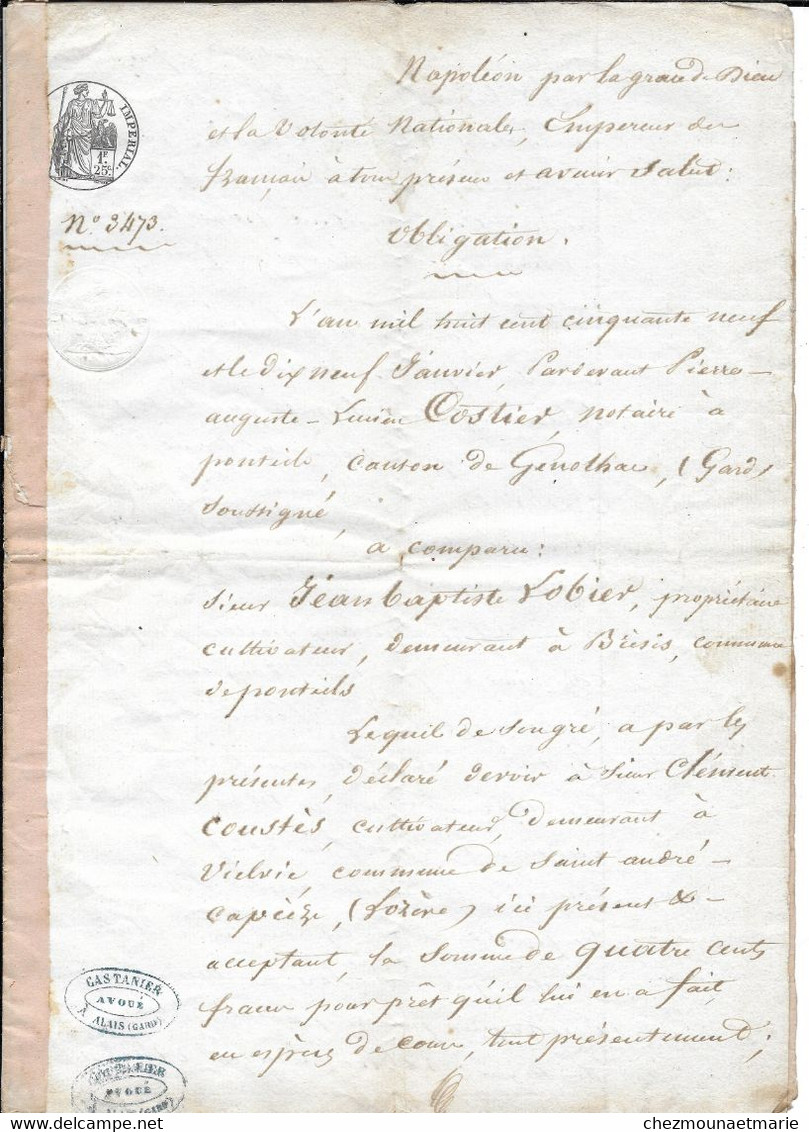 1859 PONTEILS - OBLIGATION LOBIER (BRESIS) A COUSTES (VIELVIC SAINT ANDRE CAPCEZE) - DOCUMENT DE 4 PAGES - Documents Historiques