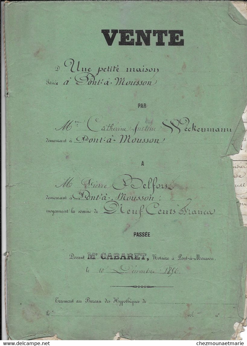 1856 PONT A MOUSSON - VENTE MME WECKENMANN VEUVE CARDOT A P. BELFORT - DOCUMENT DE 11 PAGES - Documents Historiques