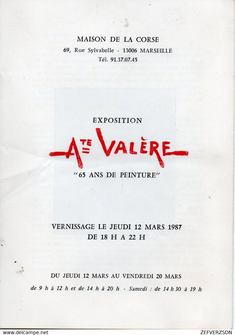 PEINTRE VALERE AUGUSTE MARSEILLE PROGRAMME EXPOSITION CORSE CATALOGUE - Programmes