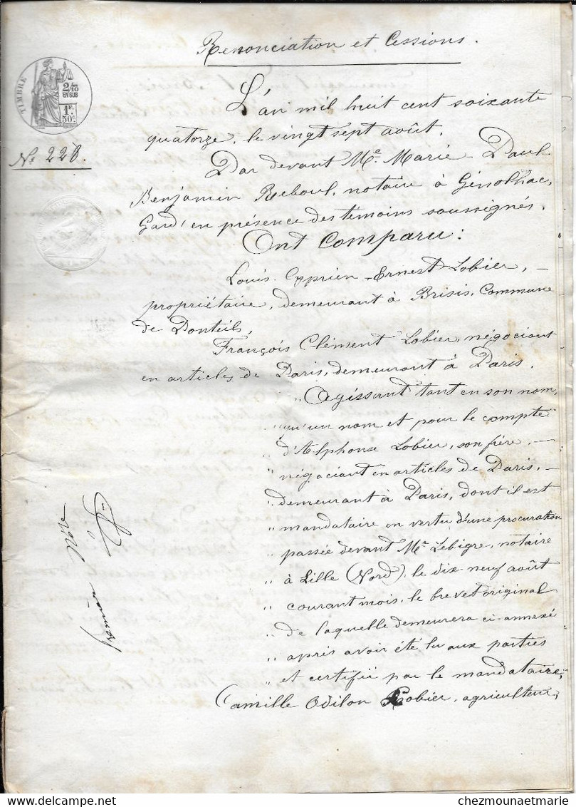 1874 GENOLHAC (30) - RENONCIATION CESSION LOBIER (BRESIS PONTEILS ET PARIS) - DOCUMENT DE 11 PAGES - Documents Historiques