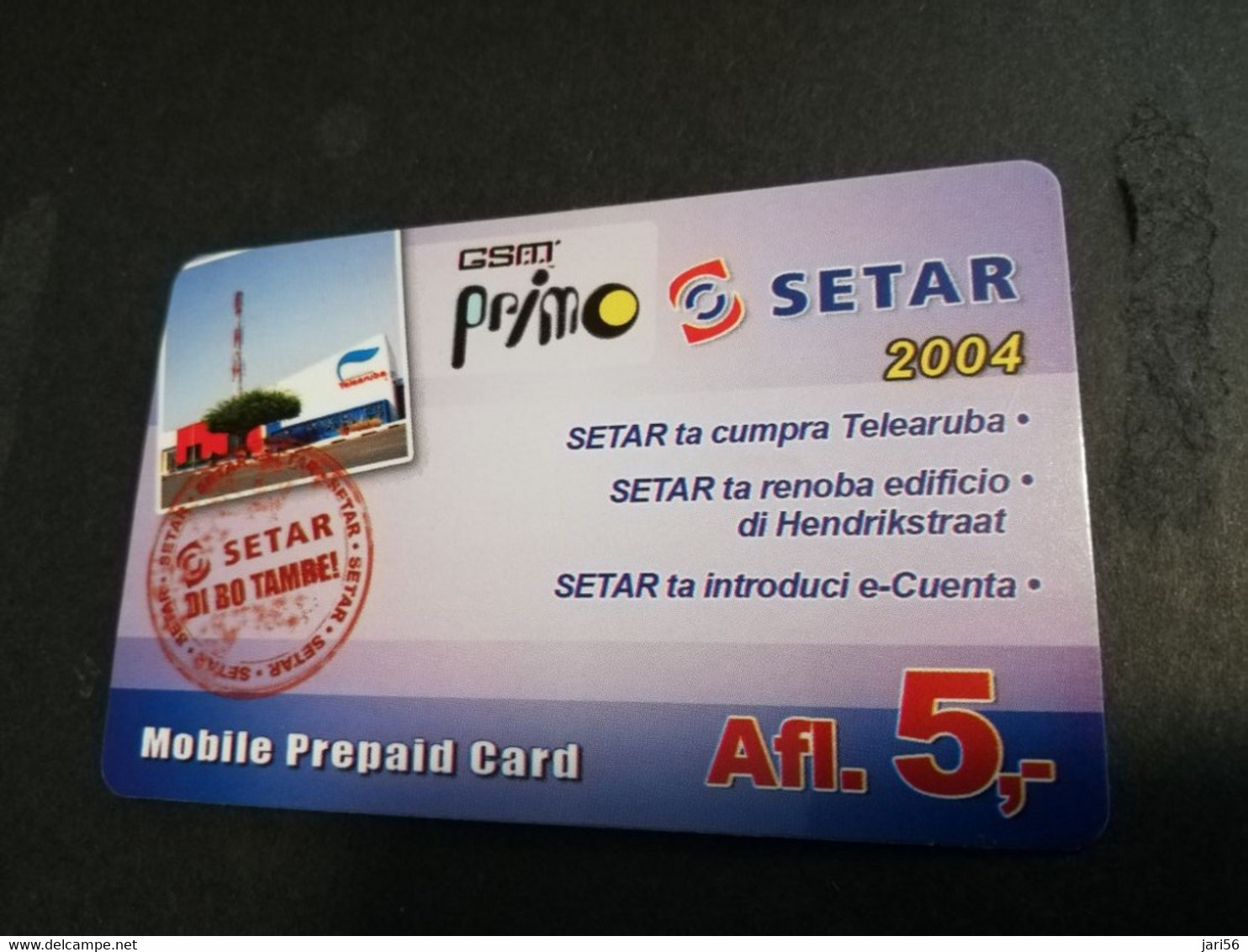 ARUBA PREPAID CARD  GSM PRIMO  SETAR  TELE ARUBA   2004     AFL 5,--    Fine Used Card  **4809** - Aruba