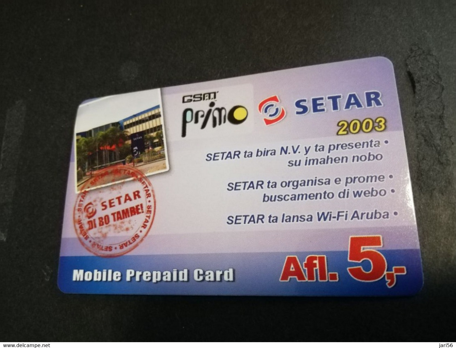 ARUBA PREPAID CARD  GSM PRIMO  SETAR  TA BIRA NV    2003     AFL 5,--    Fine Used Card  **4810** - Aruba