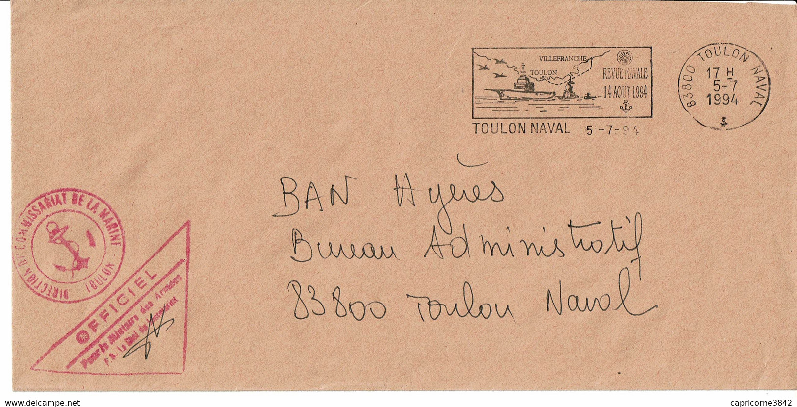 1994 - Oblitération SECAP "TOULON NAVAL" + Cachet OFFICIEL De La Direction Du Commissariat De La Marine - Toulon - Frankobriefe