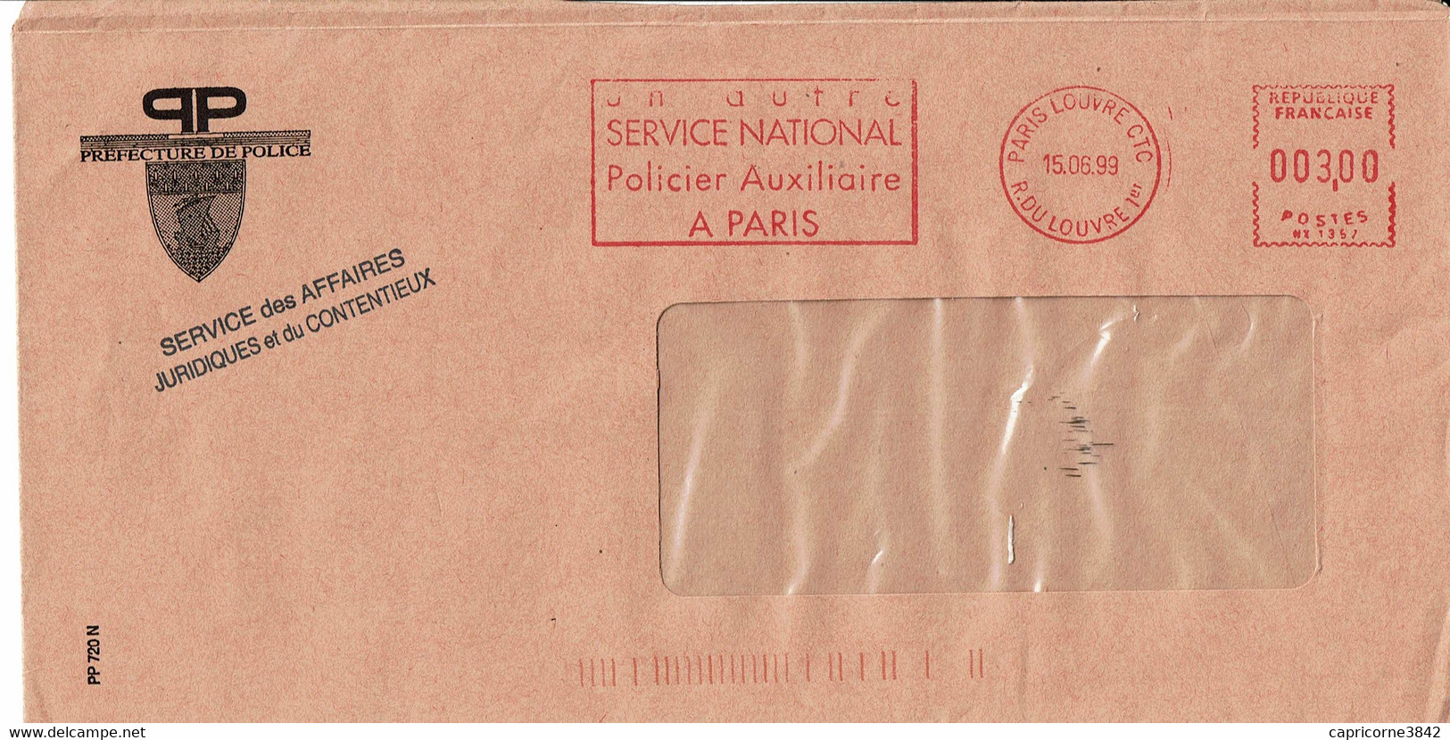 1999 - Oblitération SECAP Type NY   "UN AUTRE SERVICE NATIONAL - POLICIER AUXILLIAIRE A PARIS" De Paris Louvre - Lettres Civiles En Franchise