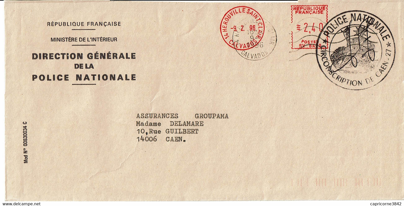 1996 - Lettre En Franchise Postale - Cachet "POLICE NATIONALE CIRCONSCRIPTION DE CAEN" - Frankobriefe