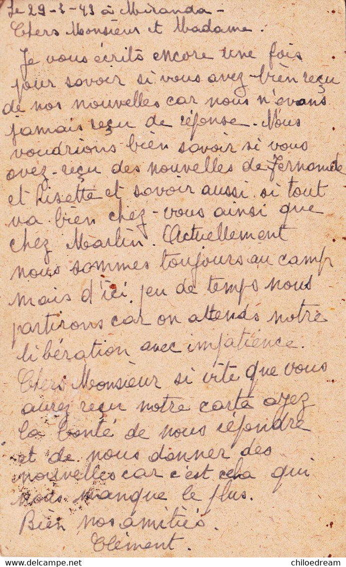 MIRANDA De EBRO. Carte Postale UNIQUE Rédigée Depuis Le Dernier Camp De Concentration Franquiste Le 30 Mars 1943 - Burgos