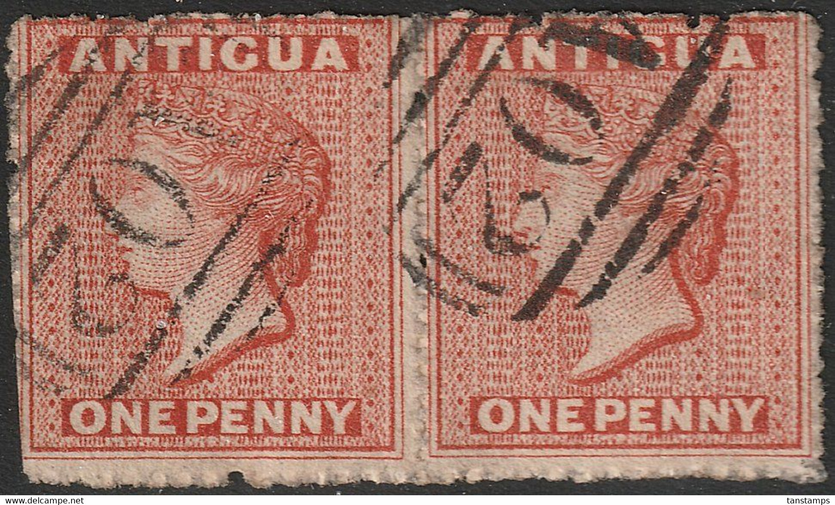 Antigua SG7b 1d Vermilion Pair Wmk Star Sideways - 1858-1960 Kronenkolonie