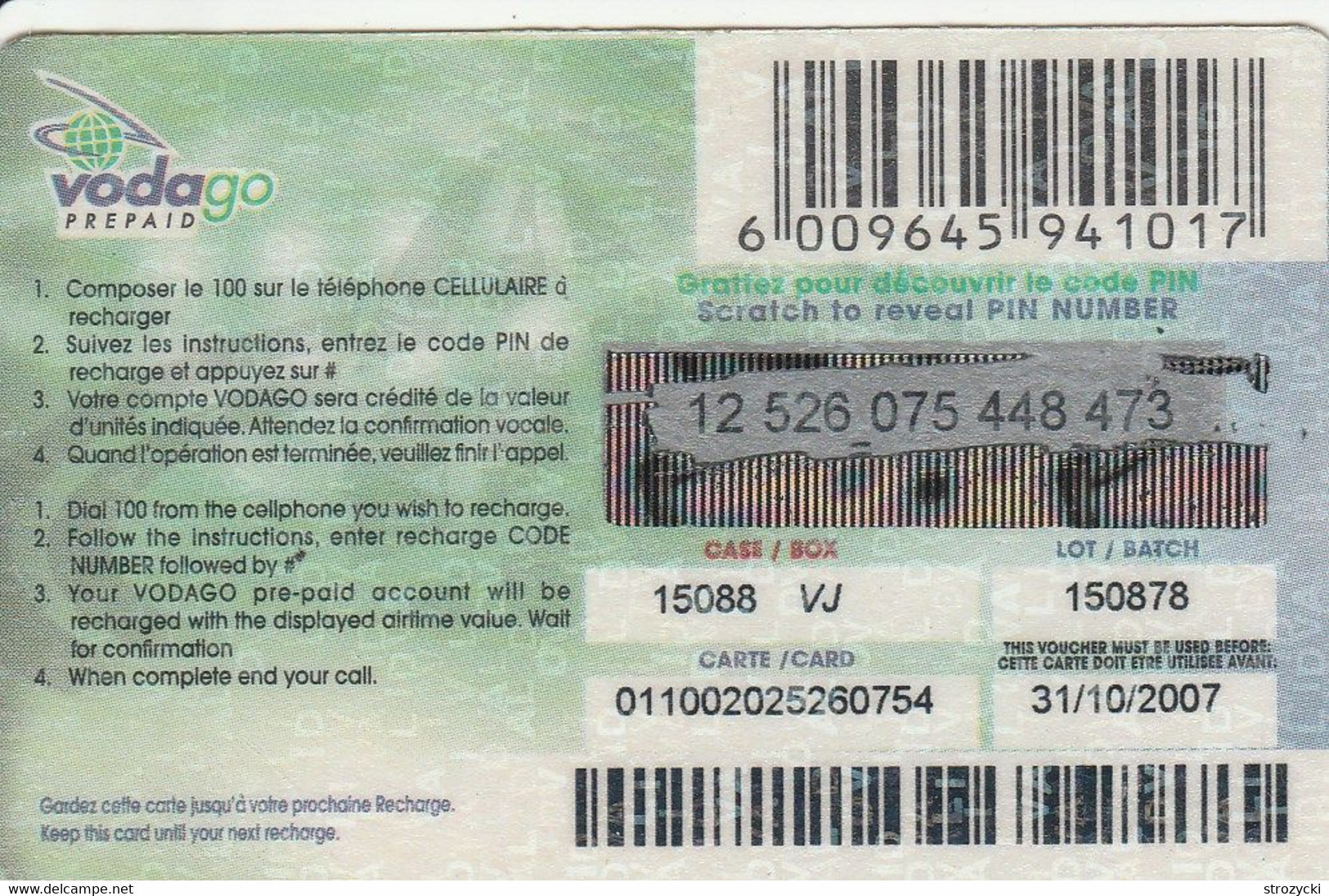 Congo (Kinshasa)- Vodacom Carte De Recharge - 30 Jours (31/10/2007) - Congo