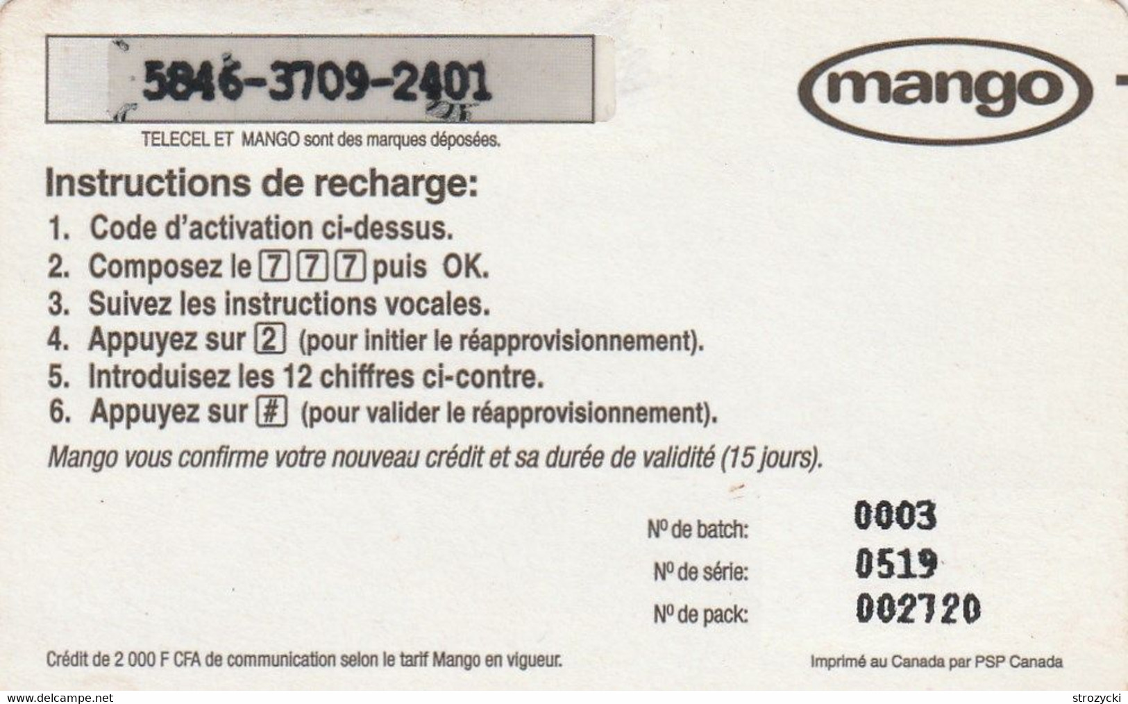 Central African Republic - Mango - Le Jus 2000 F CFA - Centrafricaine (République)