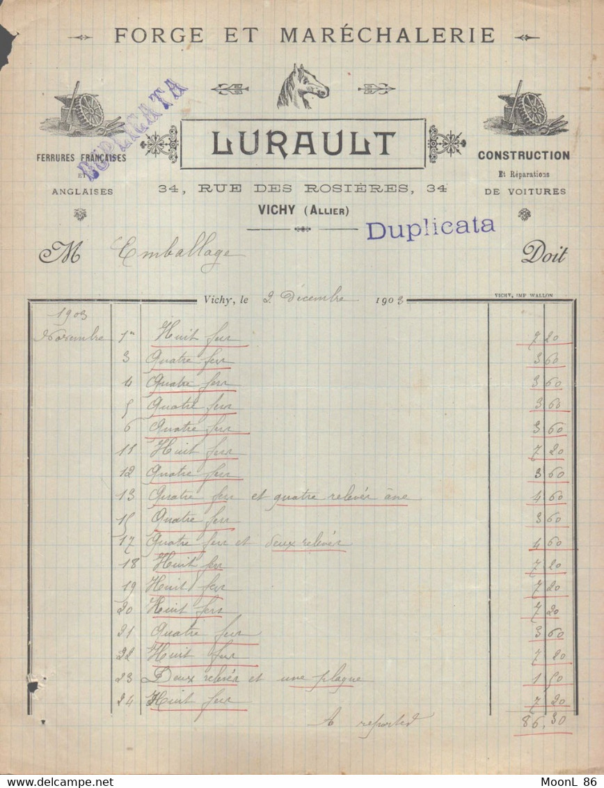 FACTURE - VICHY 03 ALLIER - FORGE ET MARECHALERIE - LURAULT - RUE DES ROSIERES - CONSTRUCTION VOITURES FERRURES - - 1900 – 1949