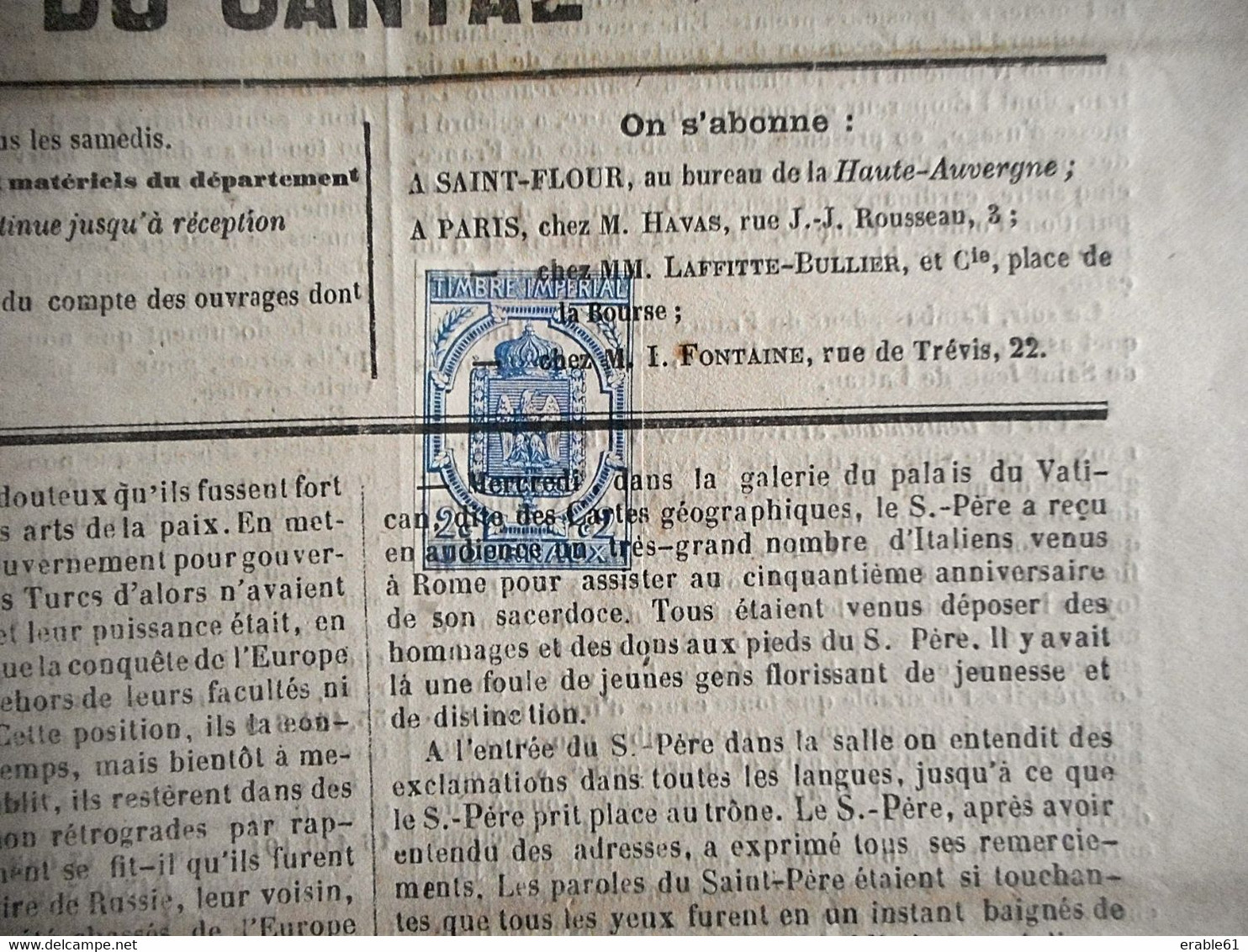 FISCAL 2C JOURNAUX  ANNULATION TYPO Sur Journal LA HAUTE AUVERGNE CANTAL Du 24 AVRIL 1869 - Giornali