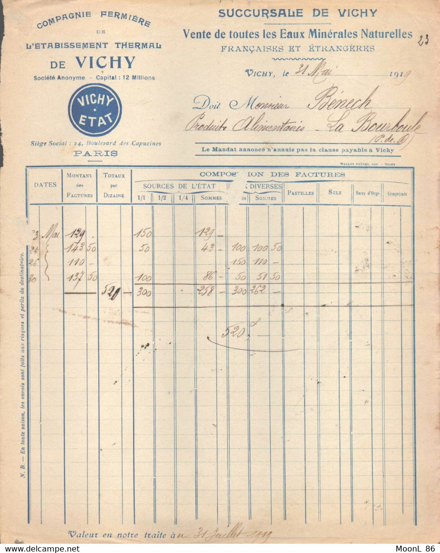 FACTURE - VICHY 03 ALLIER - COMPAGNIE FERMIERE DE L'ETABLISSEMENT THERMAL DE VICHY - VENTE EAUX MINERALES NATURELLES - Imprimerie & Papeterie