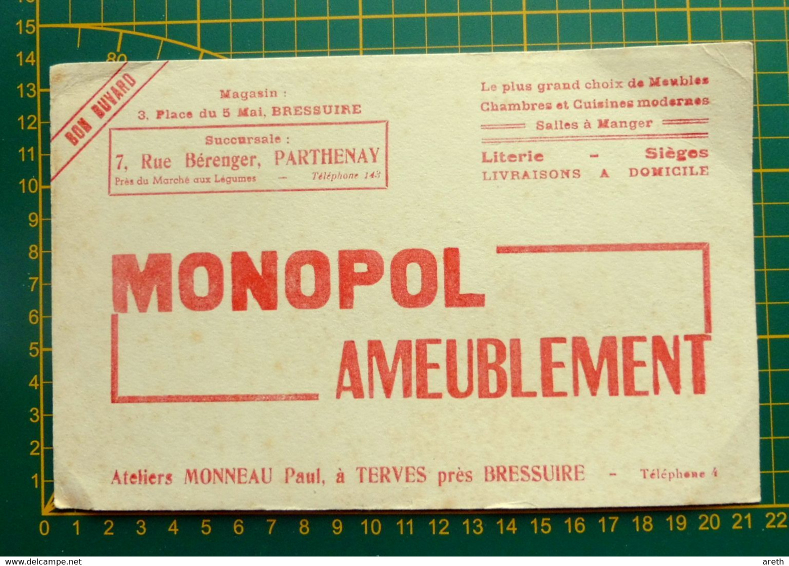 Buvard MONOPOL AMEUBLEMENT - Ateliers Paul Monneau à Terves - Magasins à Bressuire Et à Parthenay - Autres & Non Classés