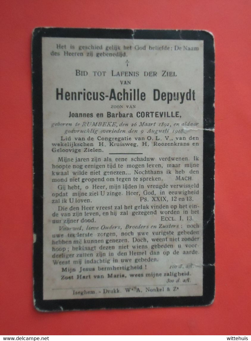 Henricus Depuydt Zoon Van Corteville Geboren Te Rumbeke 1892  En Overleden  1918   (2scans) - Godsdienst & Esoterisme