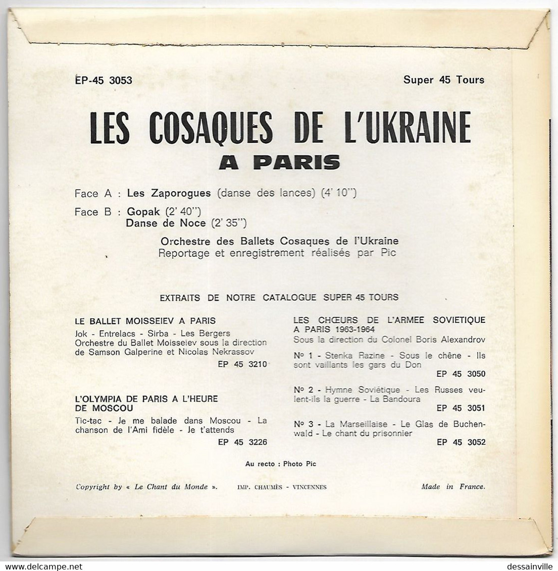 SP 45 Tours - Les Cosaques De L'Ukraine à PARIS - World Music