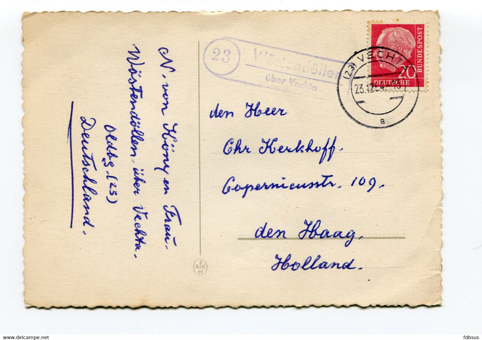 1954 VECHTA Naar Den Haag - Blauwe Stempel - 23 Wöstendöllen Uber Vechta - Frohe Weihnachten Karte - Vechta