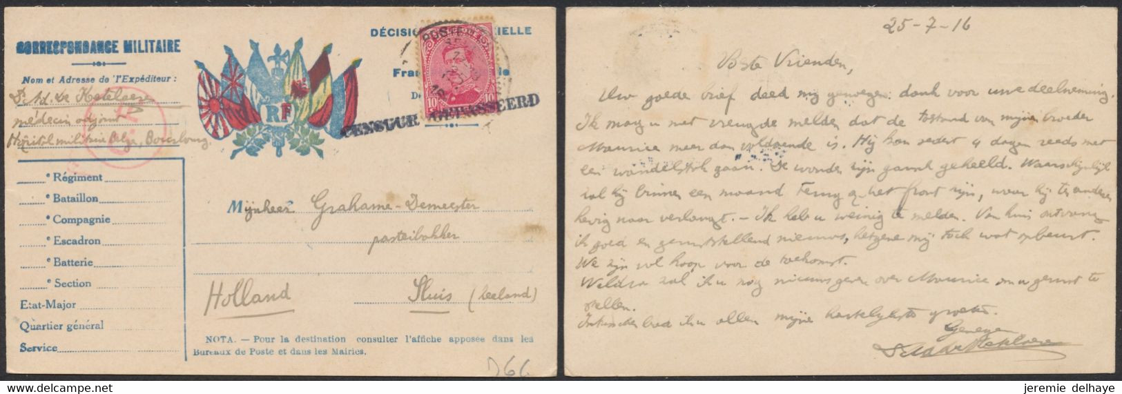 émission 1915 - N°138 Sur Correspondance Militaire Obl P.M.B. (1916) + CENSURE GEPASSEERD > Sluis (Hollande) - Brieven En Documenten