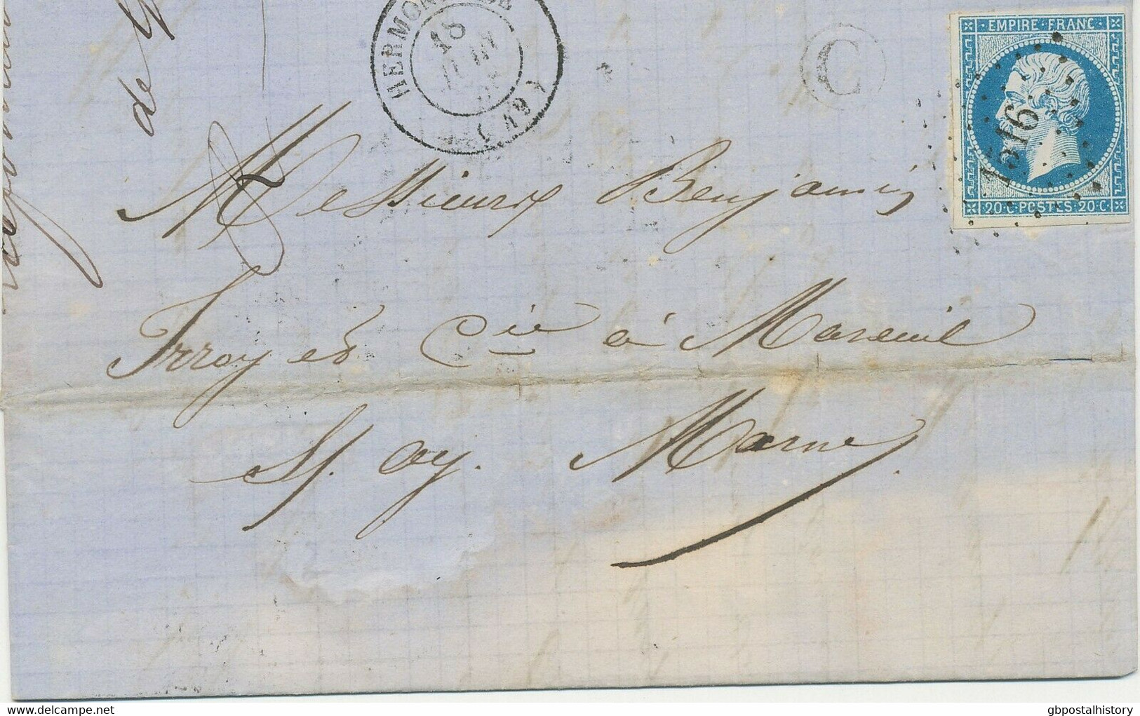 FRANKREICH 1858 Kaiser Napoleon III 20 C. Blau Type I, Pra.-Bf. M. Bahnpost-Kontrollstempel K1 "C", R! - Posta Ferroviaria