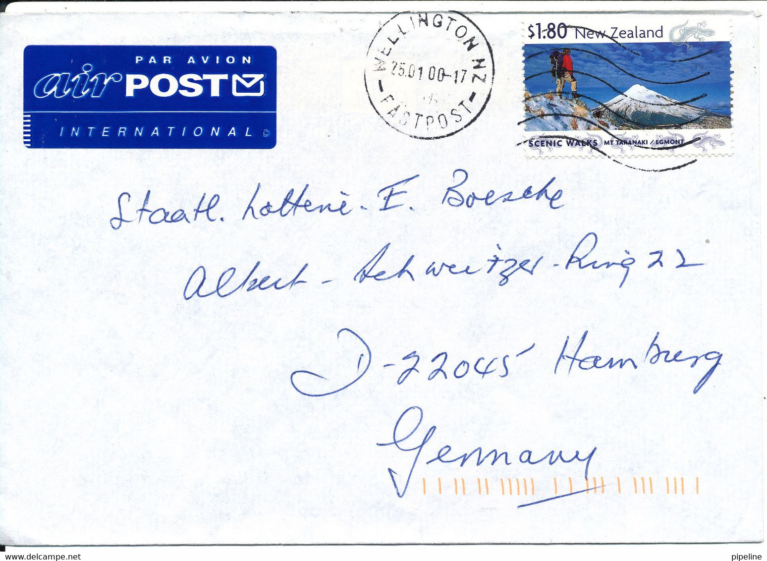 New Zealand Cover Sent Air Mail To Germany Wellington 25-1-2000 The Flap On The Backside Of The Cover Is Missing - Cartas & Documentos