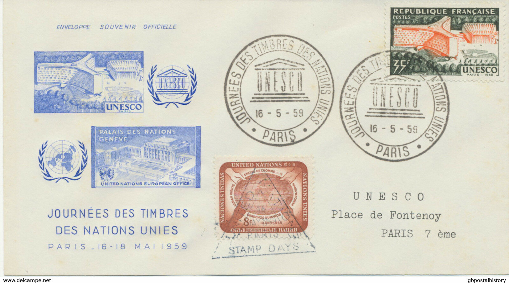 FRANKREICH/UNO „UNESCO - JOURNEES DES TIMBRES DES NATIONS UNIES PARIS 16-5-59“ - Lettres & Documents