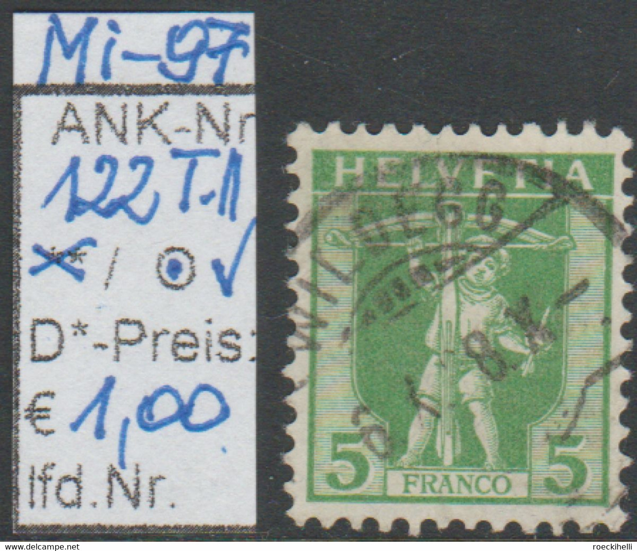 1907 -  SCHWEIZ - FM/DM "Tellknabe M. Armbrust"  5 C Dkl*gelblichgrün  - S. Scan   (122o T-1   Ch) - Other & Unclassified