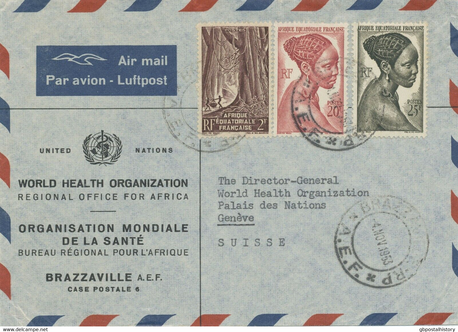 FRANZÖSISCH ÄQUATORIAL AFRIKA 1953 Buntfrankatur Kab.-Vordruck-Lupo Der WHO UNO - Brieven En Documenten