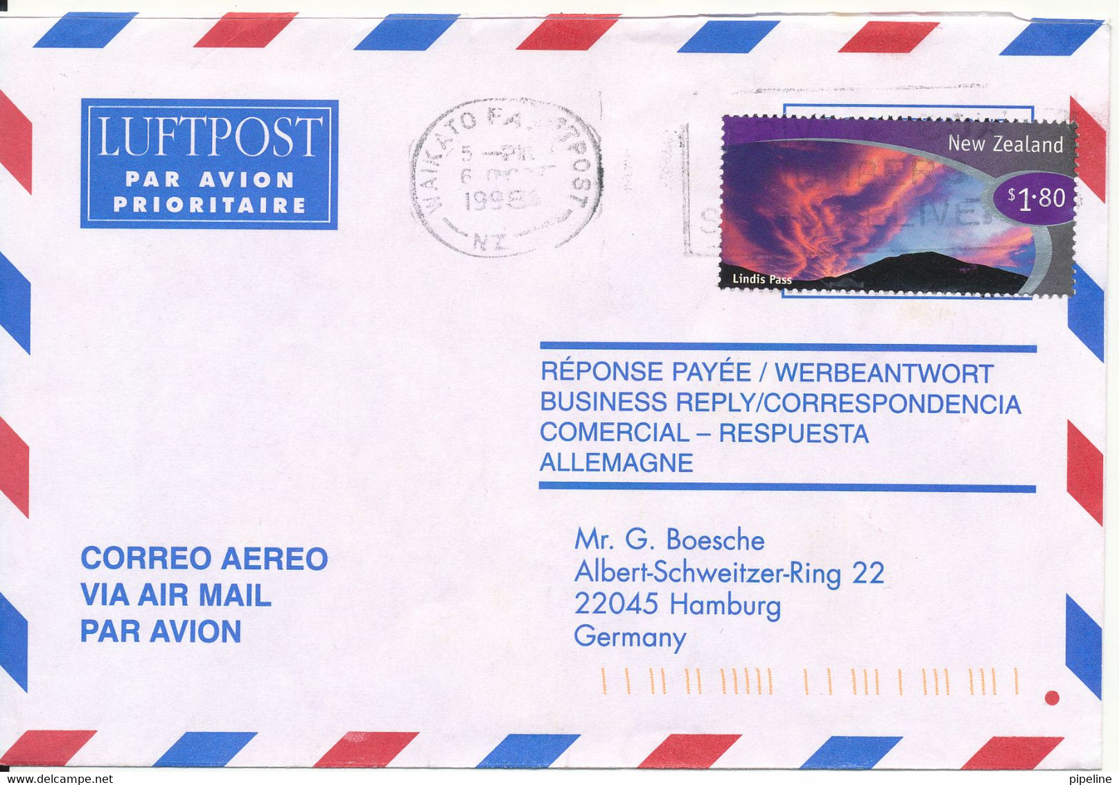 New Zealand Air Mail Cover Sent To Germany 6-10-1998 - Airmail