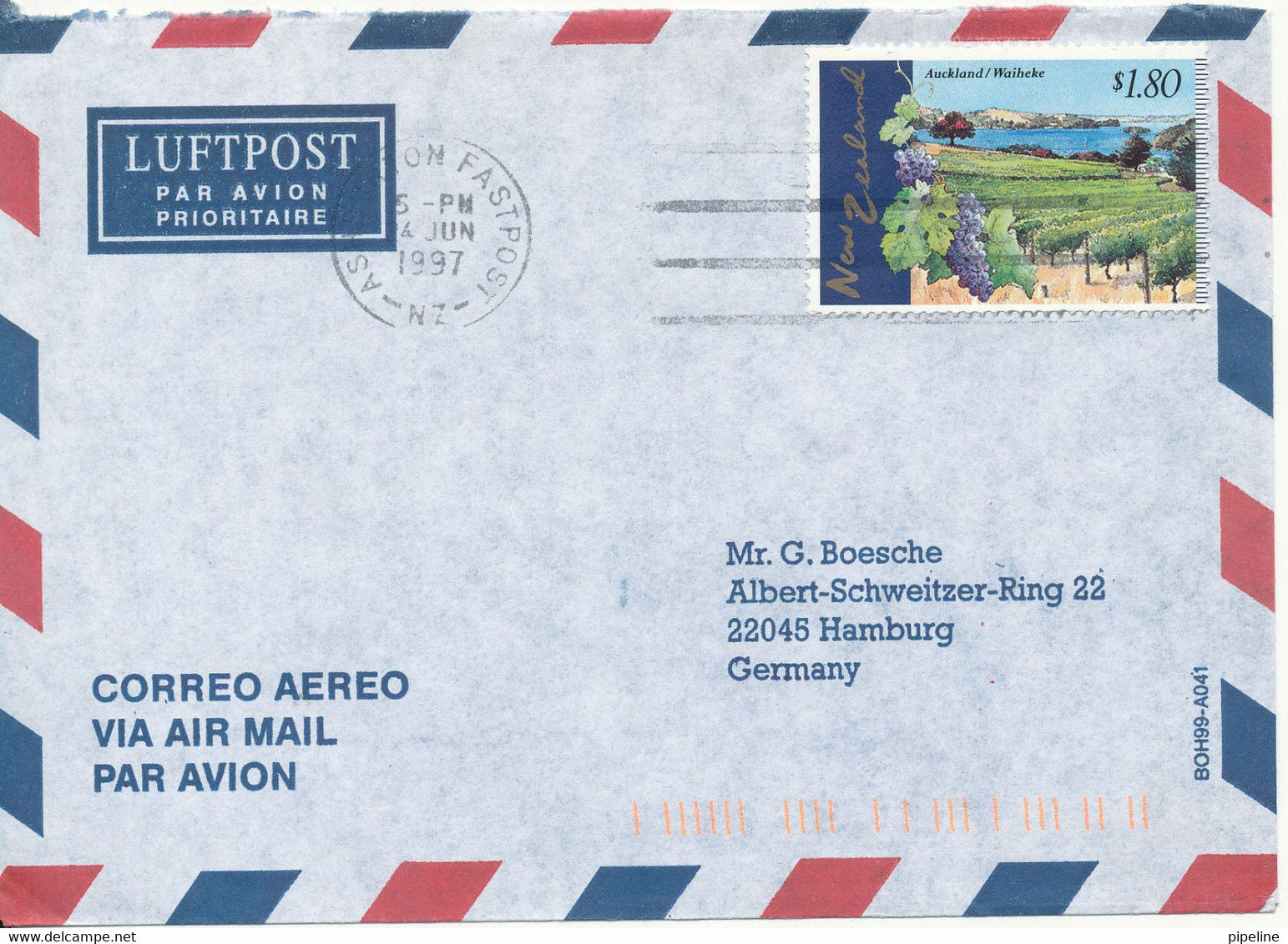 New Zealand Air Mail Cover Sent To Germany 24-6-1997 Single Franked - Airmail