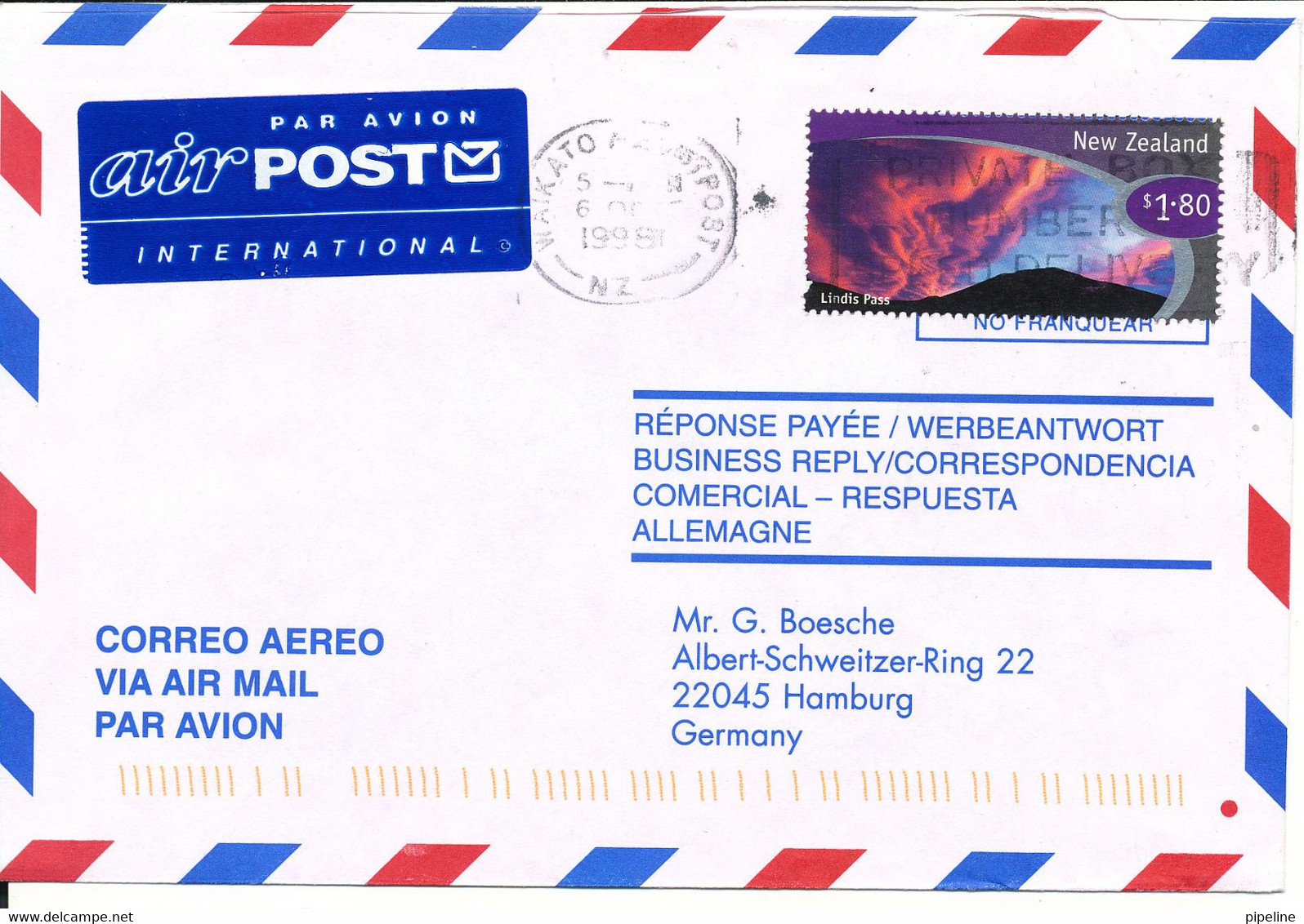 New Zealand Air Mail Cover Sent To Germany 6-10-1998 Single Franked - Airmail