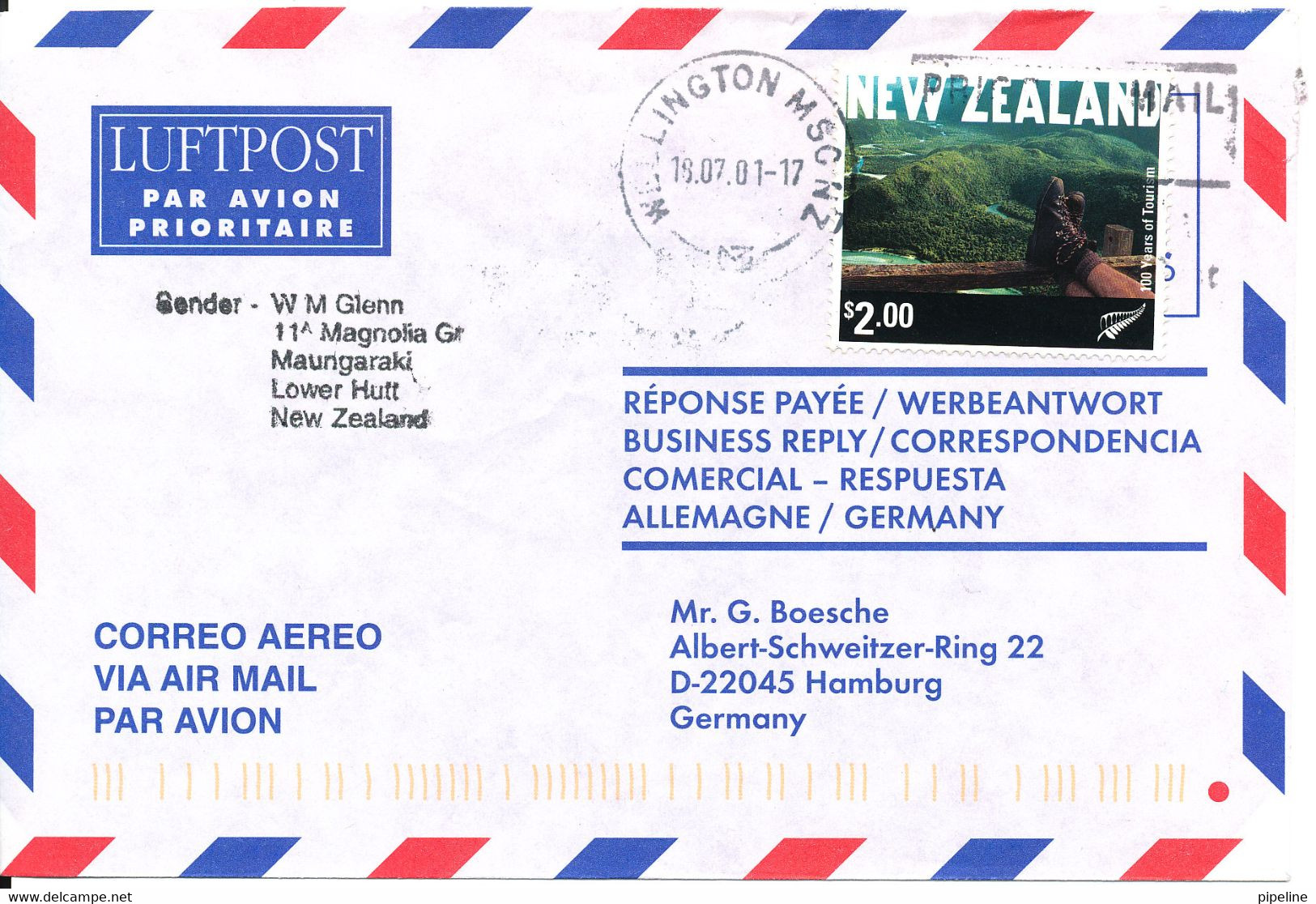 New Zealand Cover Sent Air Mail To Germany 19-7-2001 Single Franked - Luftpost