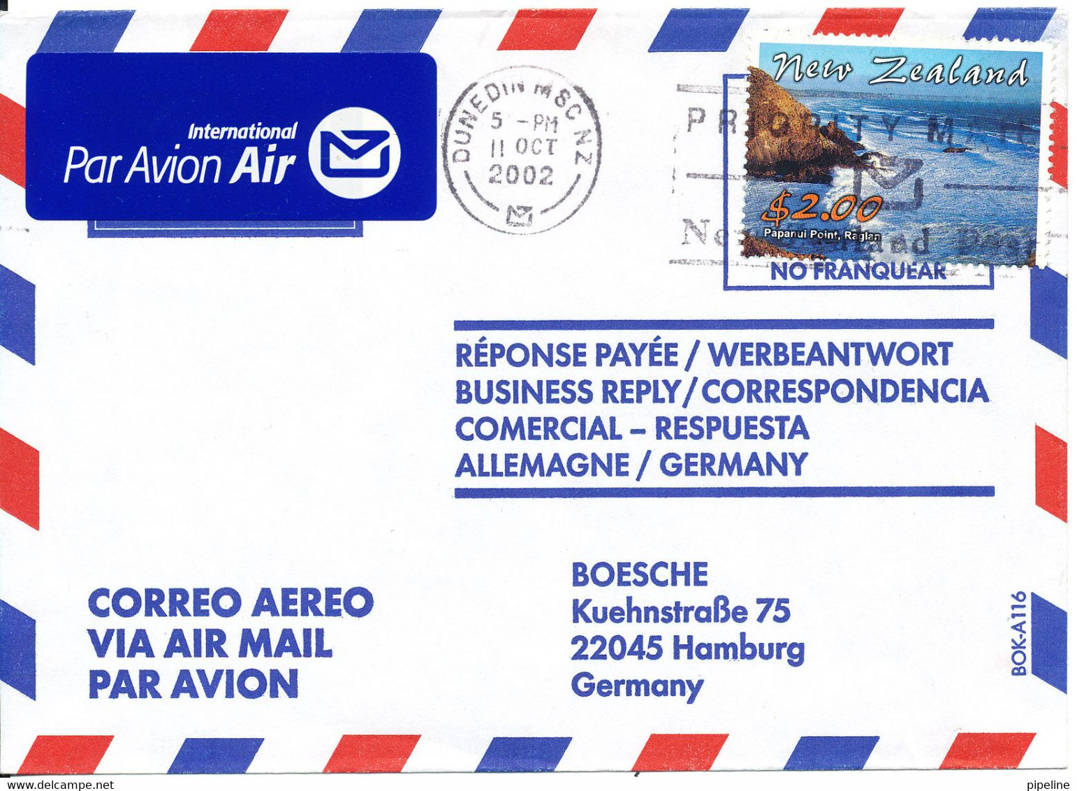 New Zealand Cover Sent Air Mail To Germany 11-10-2002 Single Franked - Airmail