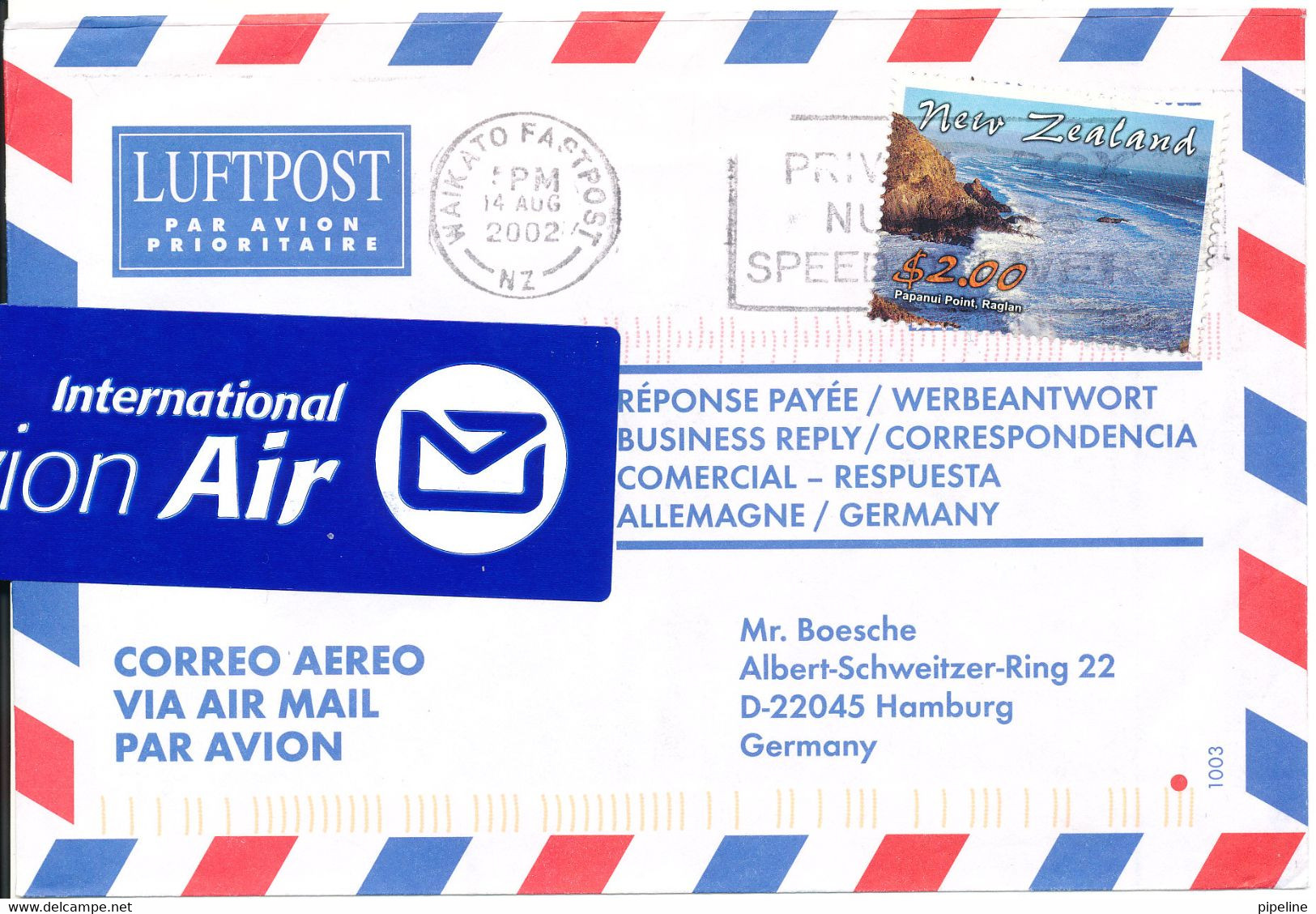 New Zealand Air Mail Cover Sent To Germany 14-8-2002 Single Franked - Airmail