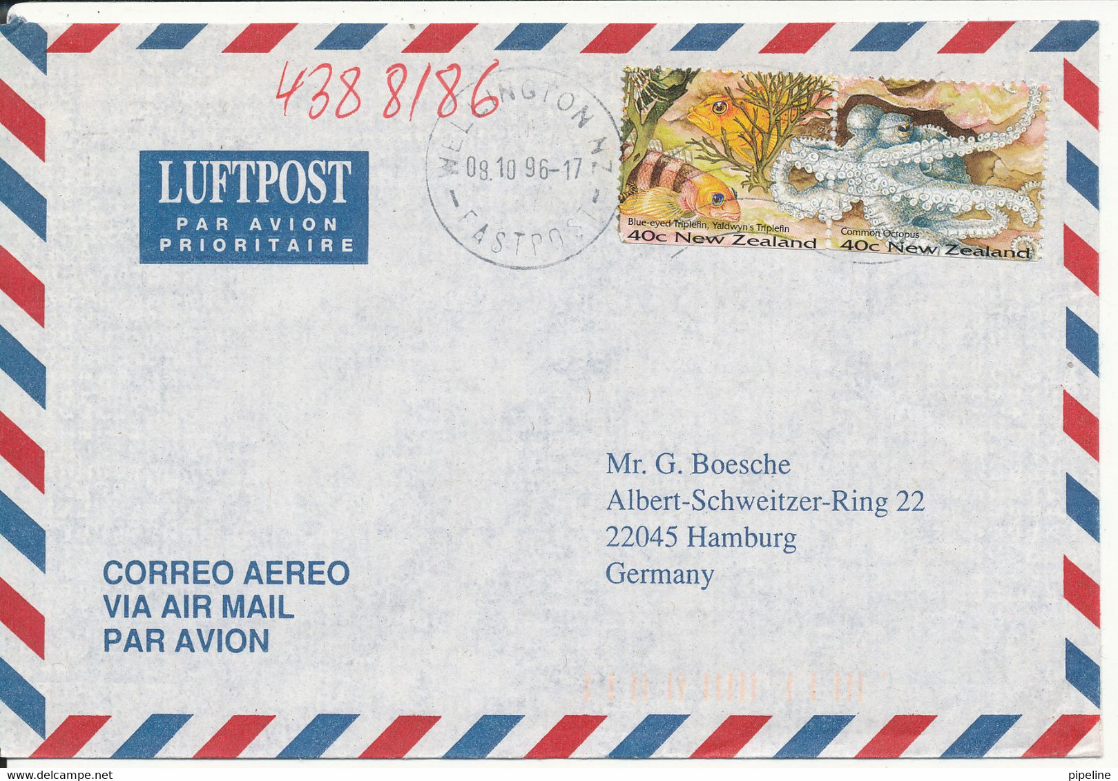 New Zealand Air Mail Cover Sent To Germany 9-10-1996 - Corréo Aéreo