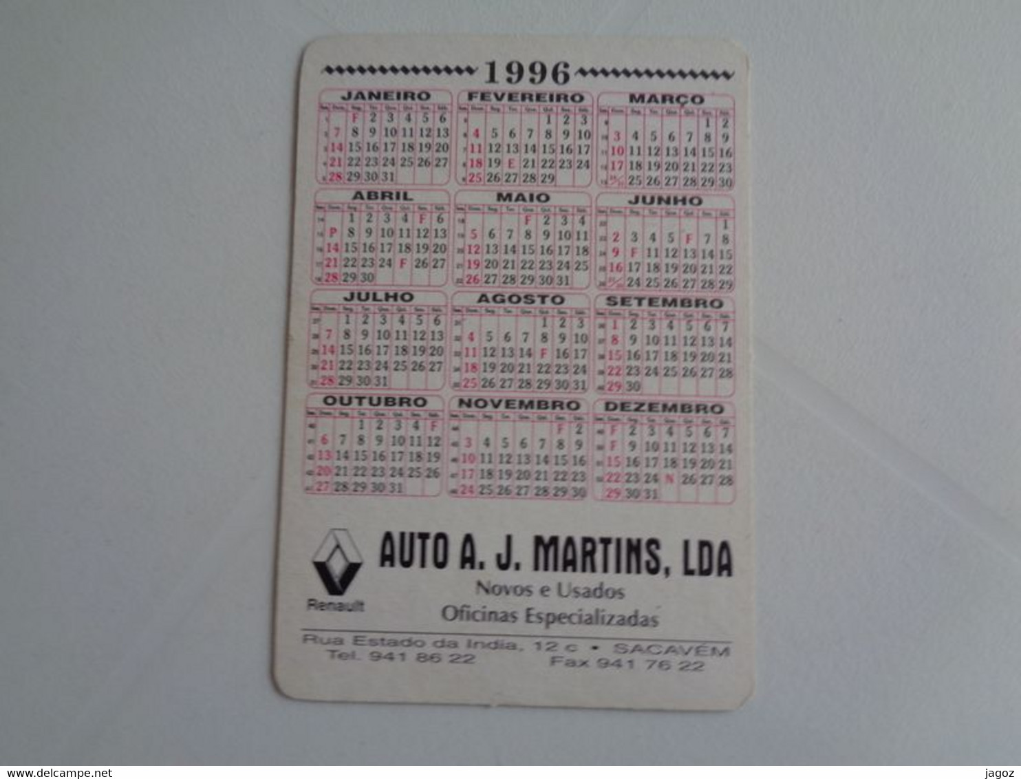 Rally Rali Renault Auto A. J. Martins Sacavém Portugal Portuguese Plastic Pocket Calendar 1996 - Small : 1991-00