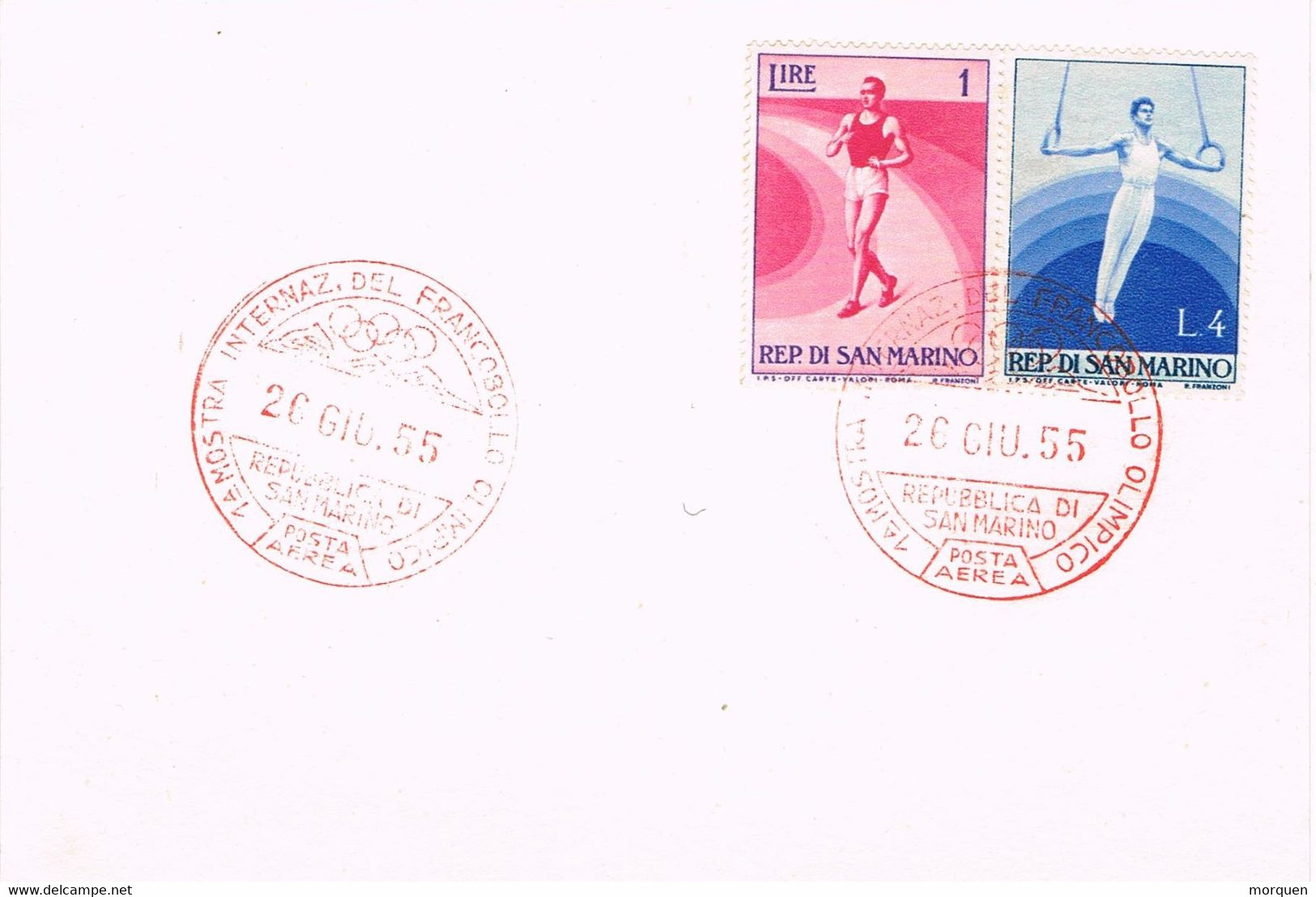 39388. Tarjeta SAN MARINO 1955. Mostra Francobollo Olimpico. Deportes - Briefe U. Dokumente
