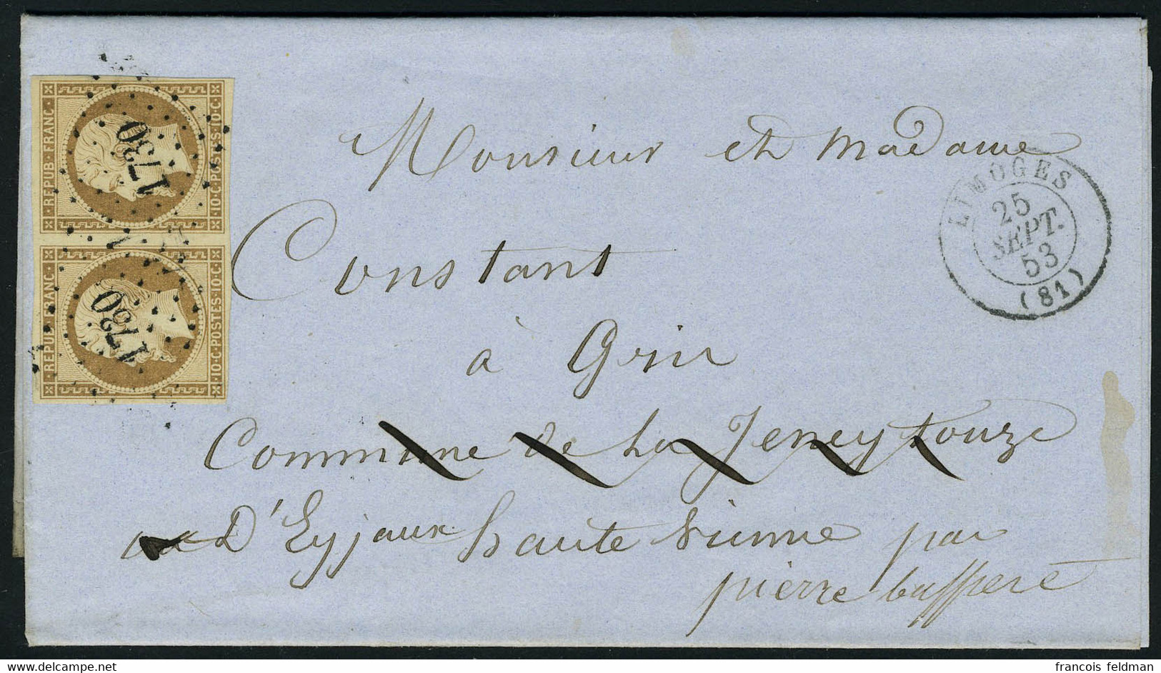 Lettre N° 9a, 10c Bistre Brun, Paire Hor. Sur L Obl PC 1730 25 Sep 53 Pour St Pierre Buffiere Arrivée Au Verso Càd Type  - Altri & Non Classificati