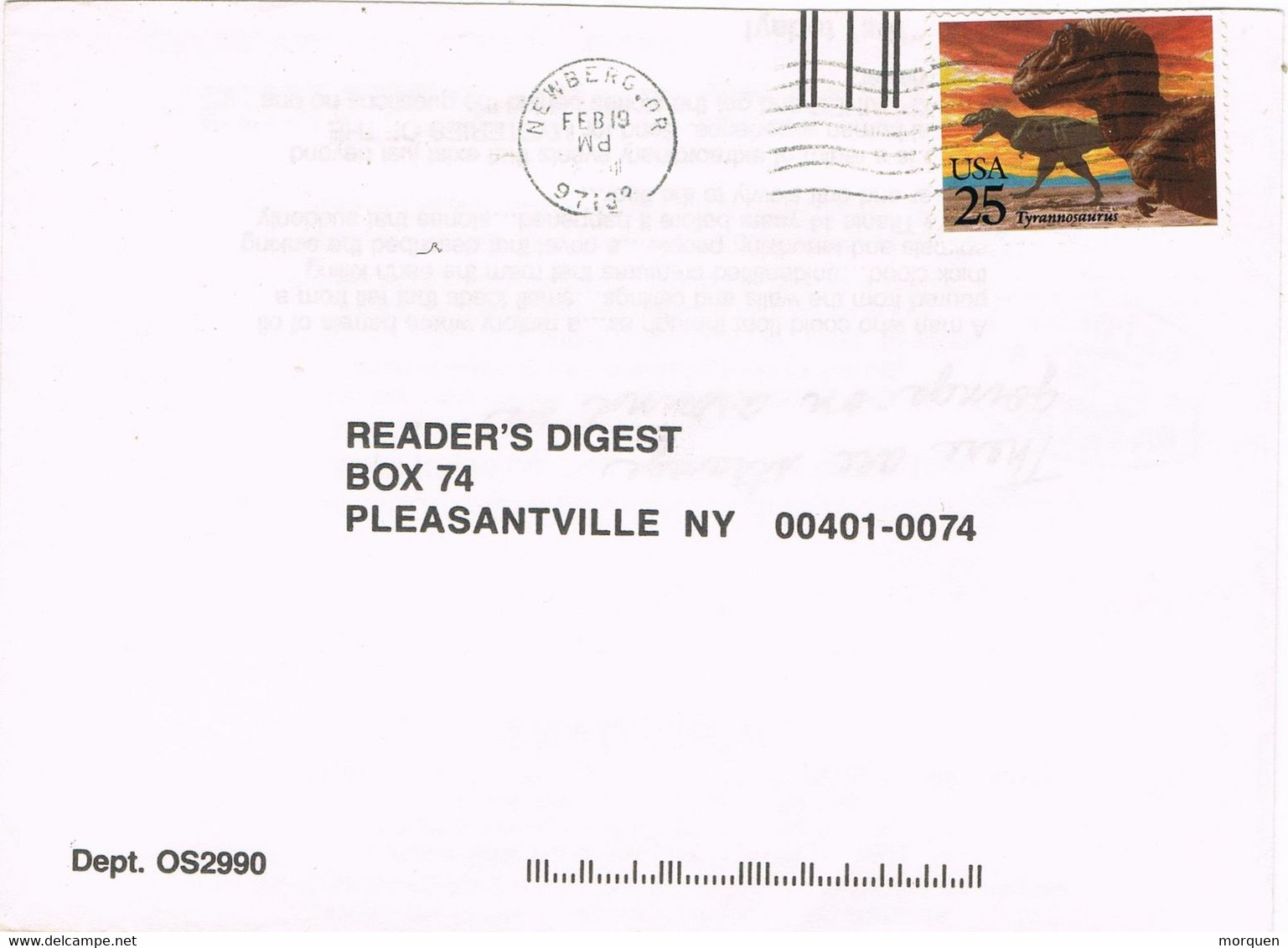 39398. Carta NEWBERG (Oregon) 1991. READER'S DIGEST. Stamp Tyranosaurus Rex - Cartas & Documentos
