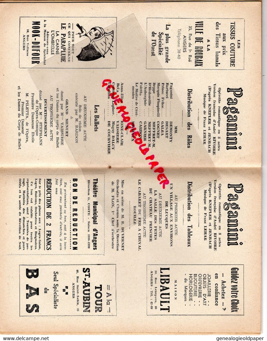 49- ANGERS- PROGRAMME GRAND THEATRE- 1938-39- PAGANINI- MEUBLES LIZE-LIQUEUR RAYER-BRISSET- PECHA-GEORGES COSTE-BACCHI