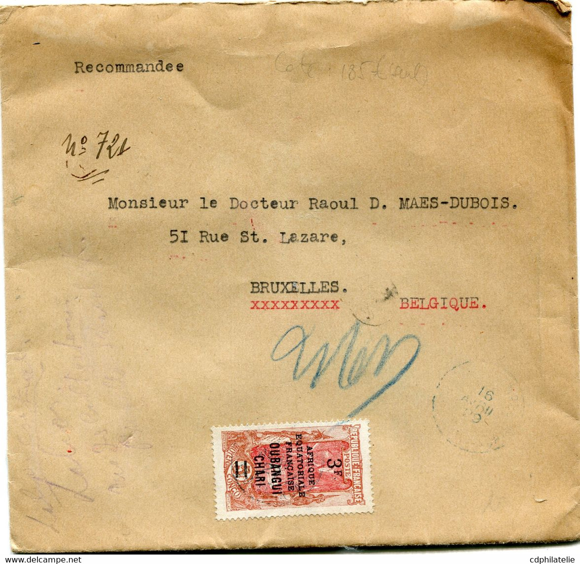 OUBANGUI-CHARI LETTRE RECOMMANDEE DEPART ( BAMBARI ) 16 AVRIL 29 OUBANGUI-CHARI POUR LA BELGIQUE - Storia Postale