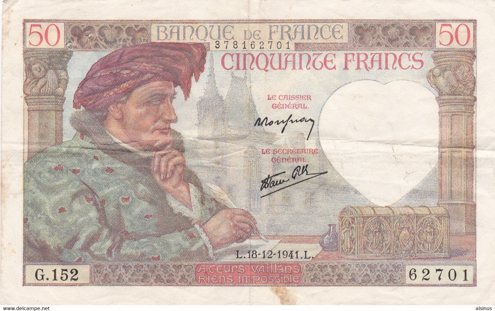 50 FRANCS JACQUES COEUR - 18.12.1941 - N°19 - 50 F 1940-1942 ''Jacques Coeur''