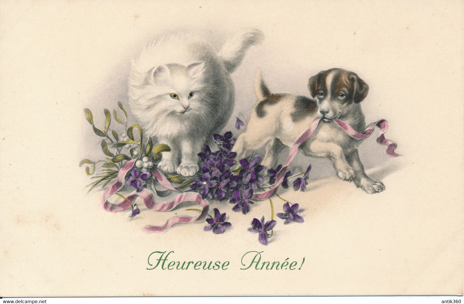 CPA Illustrateur Heureuse Année Chien Et Chat Gui Fleurs M.M. MM VIENNE Nr . N°649 MUNK Viennoise - Vienne